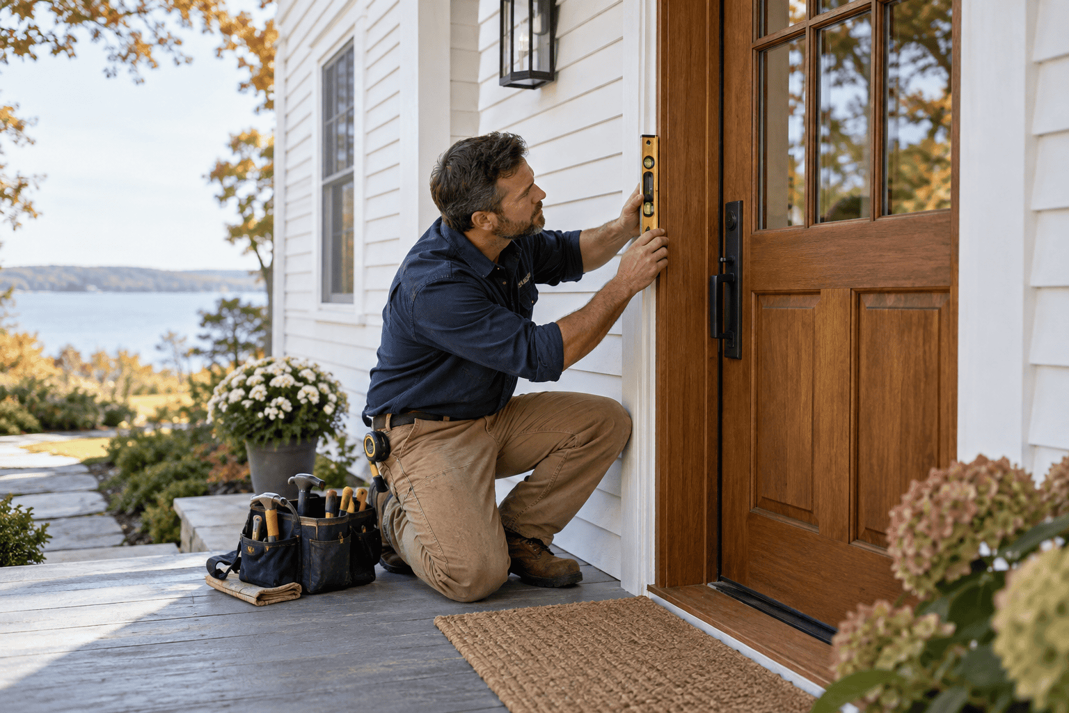 Contractor using a level to check a wooden door frame at a home