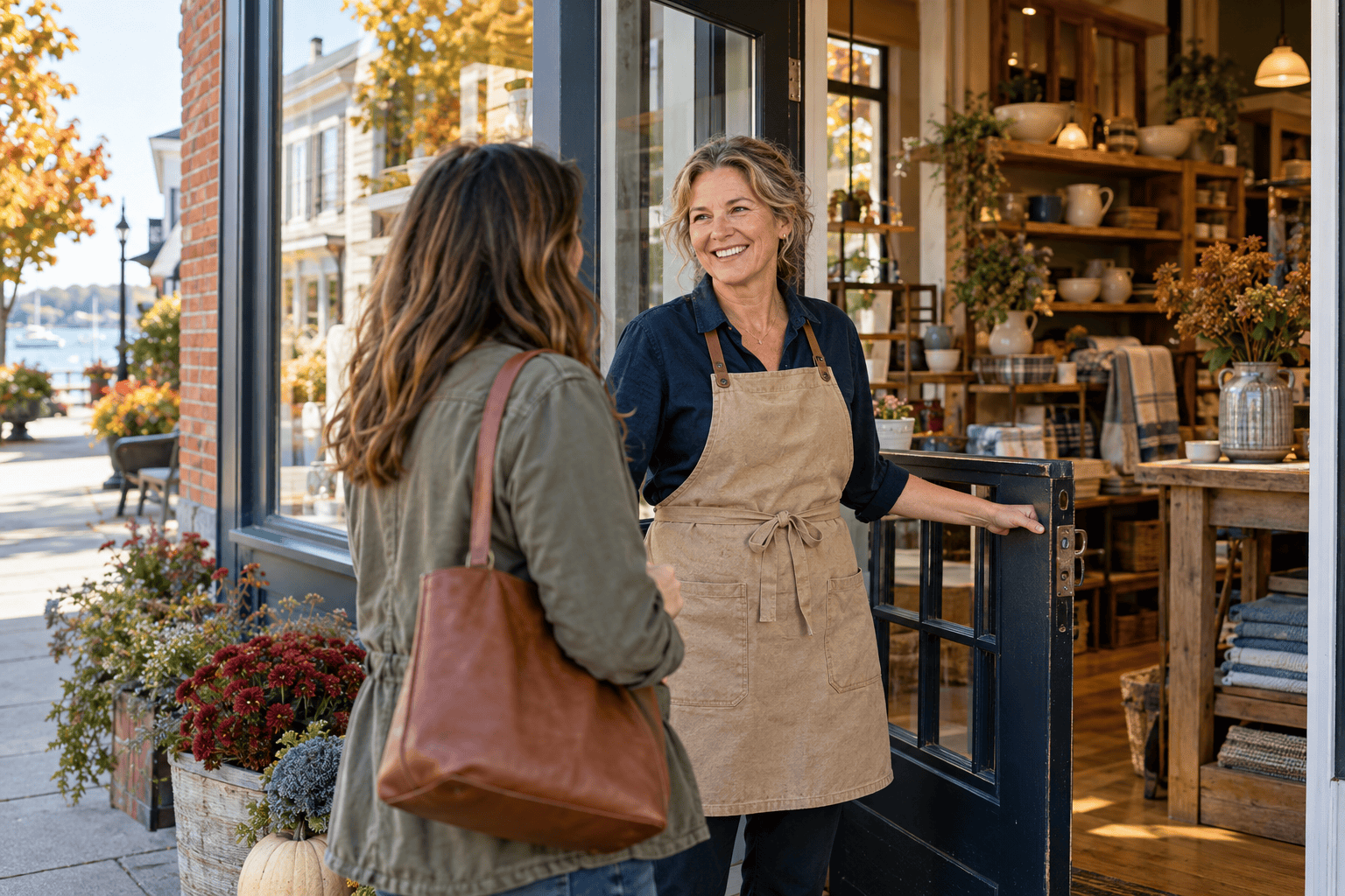 Business owner welcoming a customer at her shop entrance