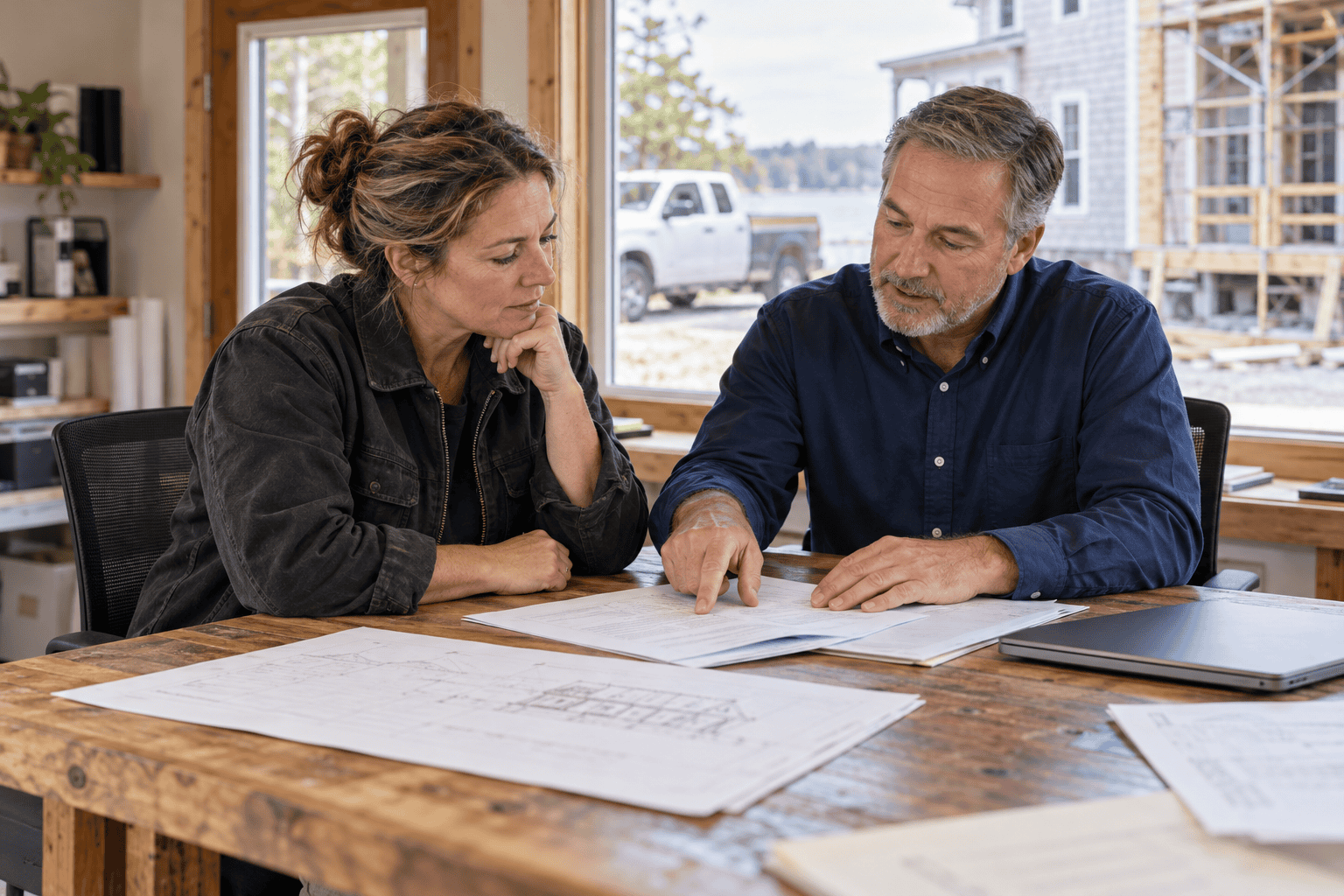 Contractor and adviser reviewing project paperwork at a worktable